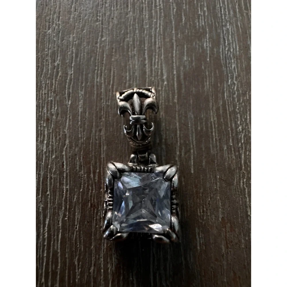 Gothic Fleur de Lis Square Crystal Pendant Necklace Sterling Silver‎ Tone